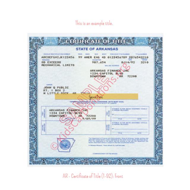 Arkansas Certificate of Title (1-92) Front | Kids Car Donations